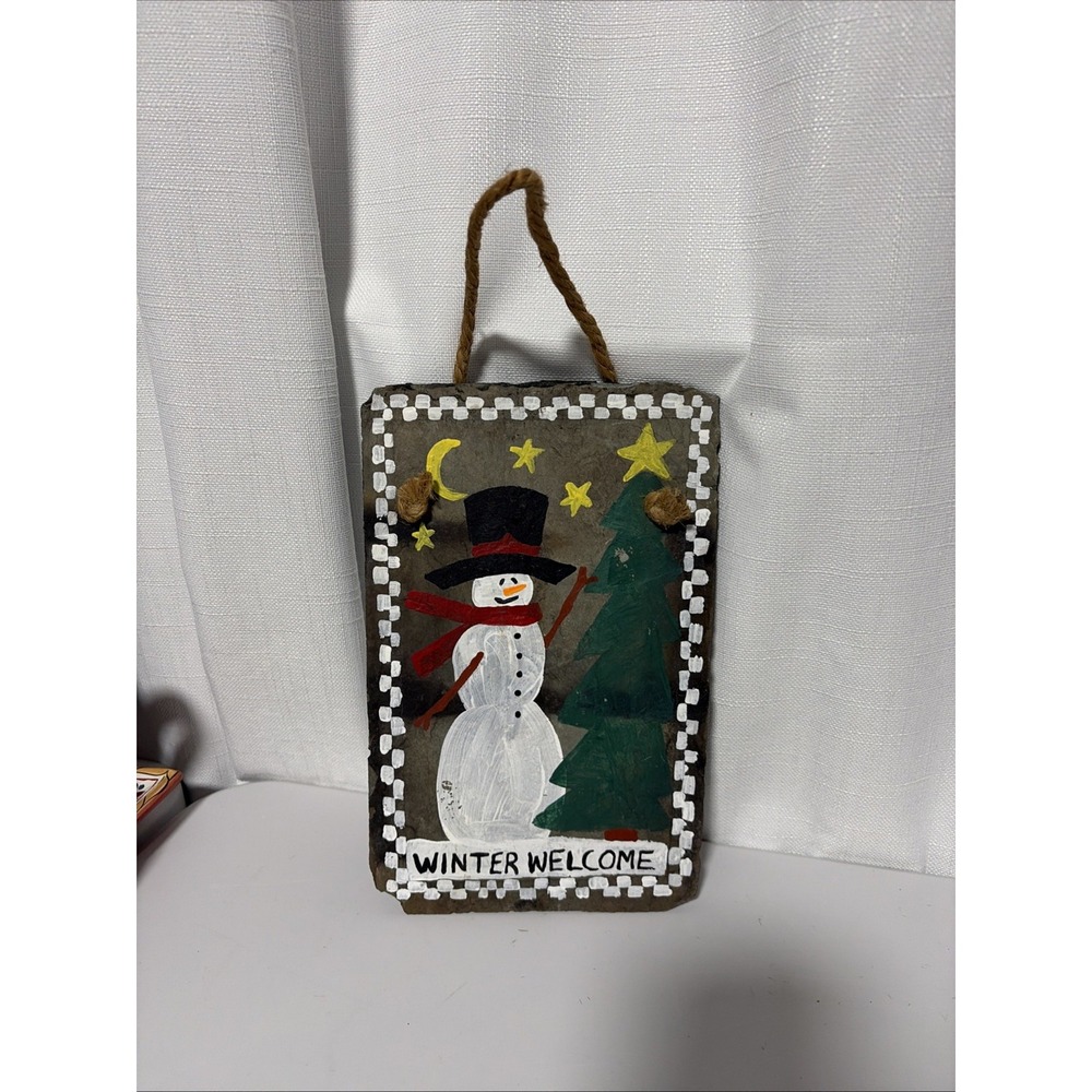 Hand Painted Slate Christmas Snowman Winter Welcome Hanging Sign 9.5x6 Rustic